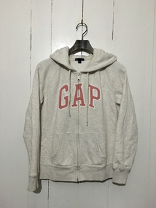 美品☆GAP S フルジップパーカー スウェット 霜降り 白 ピンク文字 裏起毛 ギャップ ラグラン