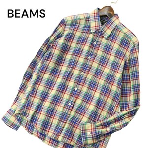 BEAMS ビームス 【イタリア製生地 TESSITURA MONTI】 麻 リネン 長袖 ボタンダウン チェック シャツ Sz.S　メンズ 日本製　A4T03091_3#A