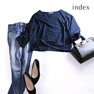 美品 index インデックス 株) ワールド ■ 春 夏 さらり ほんのり透け 爽快 ジャージ― カットソー ブラウス L プルオーバー ネイビー 紺