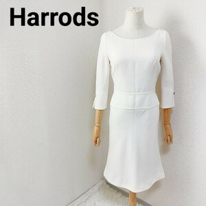 ハロッズ Harrods 美品 華やか フェミニン 長袖ワンピース ひざ丈 ミモレ丈 オフホワイト 2 Mサイズ レディース