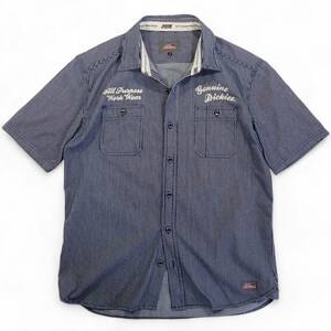 6095/良好Dickies半袖ヒッコリーストライプ チェーン刺繍ワークシャツ XL(実質M程度)All Purpose Work Wear●洗濯プレス済 ネコポス可 古着