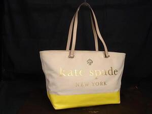 1円 kate spade ケイトスペード PXRU4830 キャンバス×レザー トートバッグ ショルダー 肩掛け レディース ベージュ系×イエロー系 FJ3035