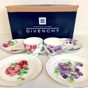 未使用 GIVENCHY ジバンシー ペアモーニングセット カップ & ソーサー 2客セット 花柄 金彩 ペア ティー コーヒー 碗皿 洋食器 箱入 保管品