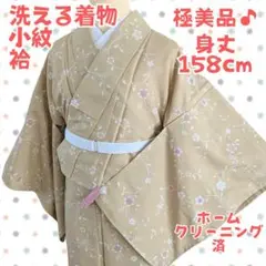 極美品 洗える着物 小紋 袷 身丈158 クリーム ベージュ 洗濯済 ポリ 草花