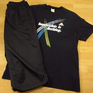 ◎adidas アディダス L 上下セット◆ジャージ 半袖 Tシャツ&七分丈パンツ◆メンズ 黒◆BA0066