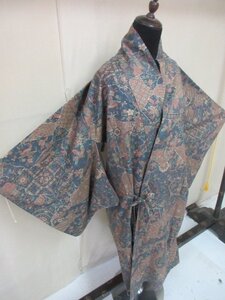 1円 良品 正絹 道中着 和装コート オリエンタル更紗 花唐草 草花 高級 袷 身丈102cm 裄68cm【夢職】★★★