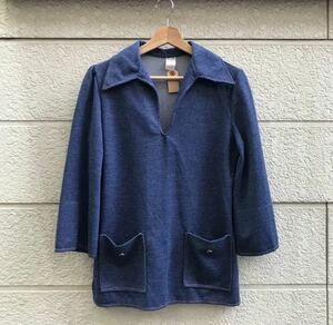 70s 80s US古着 レディース プルオーバーシャツ 7分袖 デニム風生地 ポリシャツ スキッパーシャツ vintage ヴィンテージ アメリカ古着