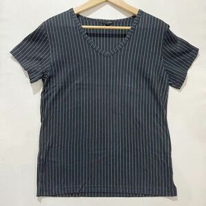 メール便可! 日本製 TETE HOMME (テットオム) ピーストライプ Vネック Tシャツ (L) BLACK | Mens メンズ ブラック JAPAN