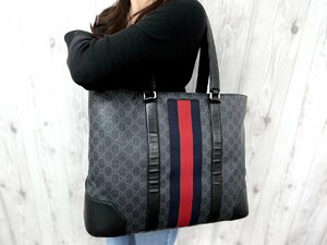 極美品 GUCCI グッチ GGスプリーム トートバッグ ショルダーバッグ バッグ レザー×キャンバス 黒×紺×赤 A4収納可 メンズ 77513