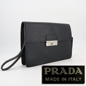 e4351【PRADA】プラダ　セカンドバッグ　クラッチバッグ　サフィアーノ　本革　ブラック