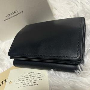 美品・箱付 SLOW & CO コンパクトウォレット 三つ折り財布 レザー ブラック スロウアンドコウ 小銭入れ コインケース カードケース 