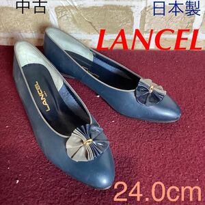 【売り切り!送料無料!】A-293 LANCEL!パンプス!24.0cm!ネイビー!天然皮革!日本製!おしゃれ!大人っぽい!ショッピング!普段履き!中古!