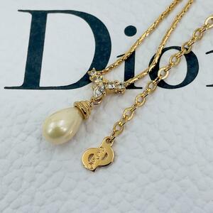 極美品【ディオール】Dior ゴールド パール カラーストーン ネックレス 金 ラインストーン クリスタル CDロゴ ドロップペンダント 