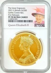 2021年 イギリス ゴシッククラウン 200ポンド 2オンス プルーフ金貨 ビクトリア PORTRAIT NGC PF70 ULTRA CAMEO First Releases 女王ラベル