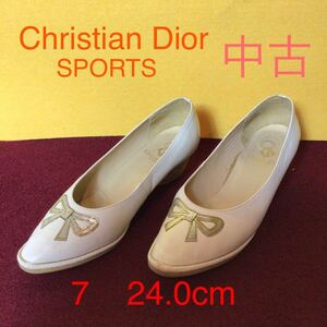 【売り切り!送料無料!】A-105 ChristianDior!7!24.0cm!バレエシューズ!リボン!ホワイト!ローヒール!中古!