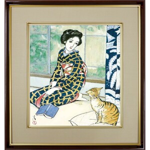 色紙額 竹久夢二「晩春」 複製色紙額 特殊工芸画 額入り 美人画 大正ロマン グラフィック誌 絵画 美術品 模写 名画レプリカ 日本画 K10-037