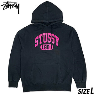 稀少■STUSSY (ステューシー) カレッジロゴ プリント 長袖 スウェットパーカー 黒 (ブラック/ピンク) Lオールドスケート リバースウィーブ