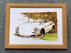 ■BOW。池田和弘『Porsche356 Roadster』B5サイズ 額入り 貴重イラスト 印刷物 ポスター風デザイン 額装品 アートフレーム 旧車