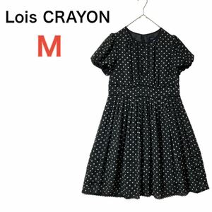 【少し訳あり】ロイスクレヨン Lois CRAYON ドットミニフレアワンピース フリル 半袖 シフォン バックリボン 水玉 ブラック 黒 Mサイズ