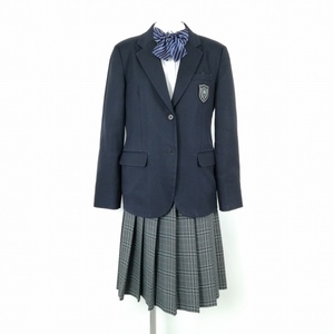 1円 ブレザー チェックスカート リボン 上下4点セット 165A 大きいサイズ カンコー 冬物 女子 学生服 大阪樟風中学 紺 中古 ランクC EY8308