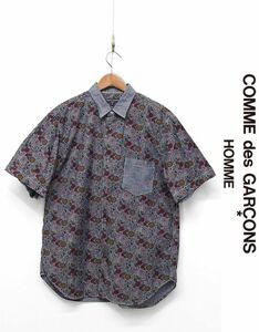 HGC-M341/美品 COMME DES GARCONS HOMME AD2020 半袖シャンブレーシャツ 総柄 花柄 胸ポケット デニム生地 S 青