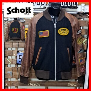 Schott ショット　エイジング加工　ワッペン　袖レザー　スタジャン　アワードジャケット　L　ブラウン