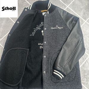 【未使用XL相当】未使用品 SCHOTT ショット レザー切替 スタジャン グレー 牛革 カウレザー【上質な手触り】バックロゴ ボタン刻印 極上品