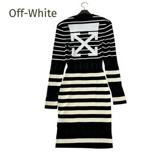 美品☆Off-White☆オフホワイト バッグロゴボーダー ニットワンピース ストレッチ ブラック ホワイト ベージュサイズ36