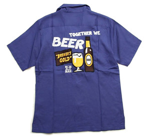 SALE 新品 ヒューストン ボーリングシャツ 紺L 総刺繍シャツ BEER メンズシャツ HOUSTON ビール柄アロハ 40660