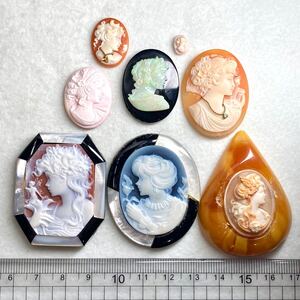 1円〜!!枠付入り!!（カメオおまとめ61g）d 約305ct cameo ブローチ 貴婦人 シェル ストーン 琥珀 オパールカメオ コンクシェル w4 マ62