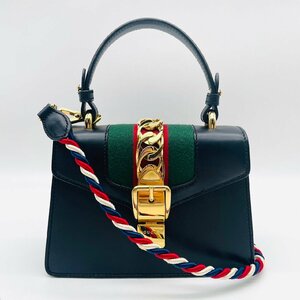 グッチ GUCCI シルヴィ ミニ ショルダーバッグ 2way ハンドバッグ レザー 黒 ブラック ロゴ ゴールド金具 レディース 6-4-781