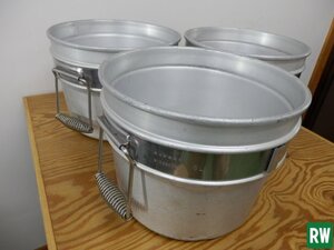 【3缶】二重食缶 6L アルミ アルマイト？ 外寸270×270×高さ210mm 内径255mm 蓋なし 食缶 給食 厨房用 調理場 業務用 [2]