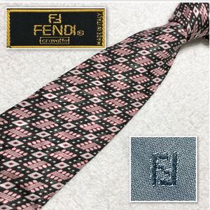 ■美品■FENDI フェンディ　ネクタイ　菱形　格子　総柄　シルク100% イタリア製　ダークグリーン×レッド系　ビジネス