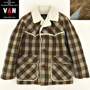 当時もの！美品 旧VAN JACKET ヴァンヂャケット チェック柄 裏ボア ランチコート ブラウン M ハーフコート ジャケット 茶 メンズ 石津謙介