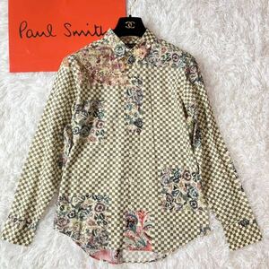 ◆希少◆ポールスミスコレクション Paul Smith COLLECTION 長袖 シャツ 花柄 花 フラワー 描写 チェック 格子 総柄 M コットン 綿 メンズ 