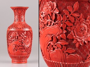 中国古玩 唐物 堆朱 花瓶 細密細工 時代物 極上品 初だし品 C8602