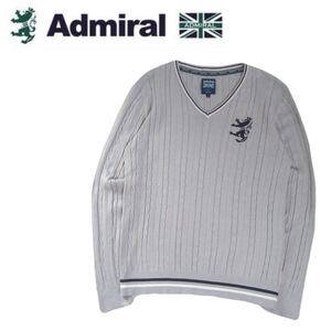 美品 最高級 Admiral GOLF 蓄熱保温 薄手軽量 ビッグロゴ ケーブル編み ニット セーター メンズL アドミラル ゴルフウェア グレー 2501132