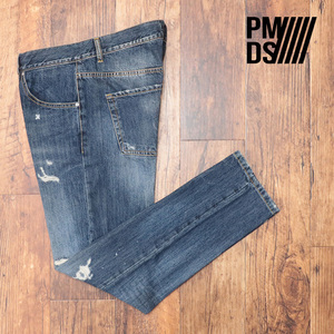 1円/PMDS/34インチ/美脚デニムパンツ PAUL ハリ コシ◎ ダメージ ペイント加工 イタリア製 ワイルド 新品/青/ブルー/jk350/