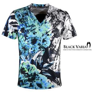 9#bv08-gr BLACK VARIA ボタニカル 葉柄 花柄 プレミアム Vネック 半袖Tシャツ メンズ(グリーン緑) LL 日本製 吸水速乾＆2wayストレッチ