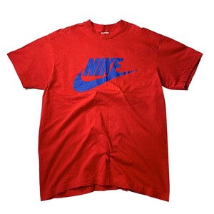 定番モデル! 90s 日本製 NIKE ナイキ ヴィンテージ スウォッシュロゴ プリント 半袖 Tシャツ オレンジ ブルー XL メンズ 古着 希少 風車