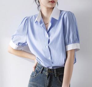 新品 人気推薦 /シャツ 半袖 ブラウス ビジネス オフィス OL 通勤 夏服 シャツ トップス ボーダー柄 事務服 仕事用 カジュアル 大人 /XL