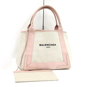 BALENCIAGA ネイビーカバスS ハンドバッグ キャンバス ベージュ ピンク 339933