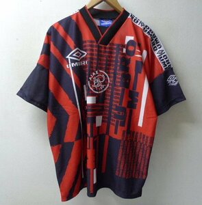 ◆UMBRO アンブロ 希少 90s 美品 XL AJAX AMSTERDAM Vネック ユニフォーム レプリカ シャツ Tシャツ 赤 サイズXL イングランド製