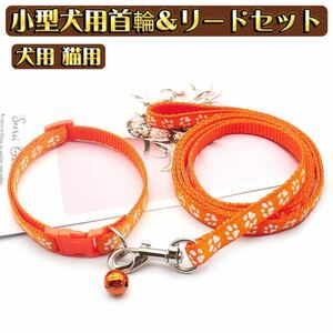 首輪リード ハーネスリード 2点セット ペット用品 ペットグッズ 犬用 イヌ ドッグ 猫用 小型犬 足跡柄 おしゃれ オレンジ