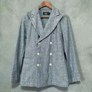 RRL ダブルアールエル コットンリネン マルチポケット 6B ワイドラペル オフィサー テーラード ジャケット size.XS ブルー RALPH LAUREN