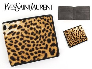 11万新品◆Saint Laurent◆ハラコ素材 カーフレザー レオパード柄 カード＆お札用二つ折り財布【サンローラン】1円