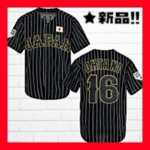 ★新品！◆送料無料！◆大き目L~XL相当*◆大谷翔平*WBC,侍ジャパン*半袖シャツ,ユニフォーム*黒&白ストライプ*ワッペン付き*野球*スポーツ*