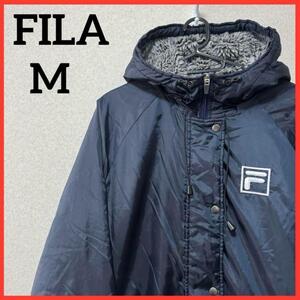 【希少】FILA フィラ ベンチコート ロングコート ジャケット アウター 裏ボア フード ビッグロゴ ワンポイント刺繍 防寒 スポーツ J239-117