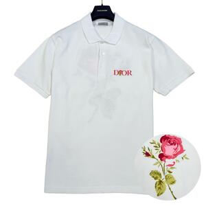 現行/22AW/美品/希少XL/ディオールオム◎DIOR HOMME ポロシャツ Tシャツ トップス 薔薇 ワンポイント ブランドロゴ ホワイト 白 ピンク 綿