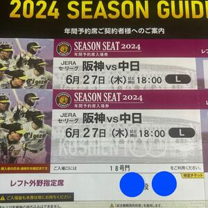【既完売】6/27(木)阪神vs中日　レフト外野指定席2連番ペアチケット　